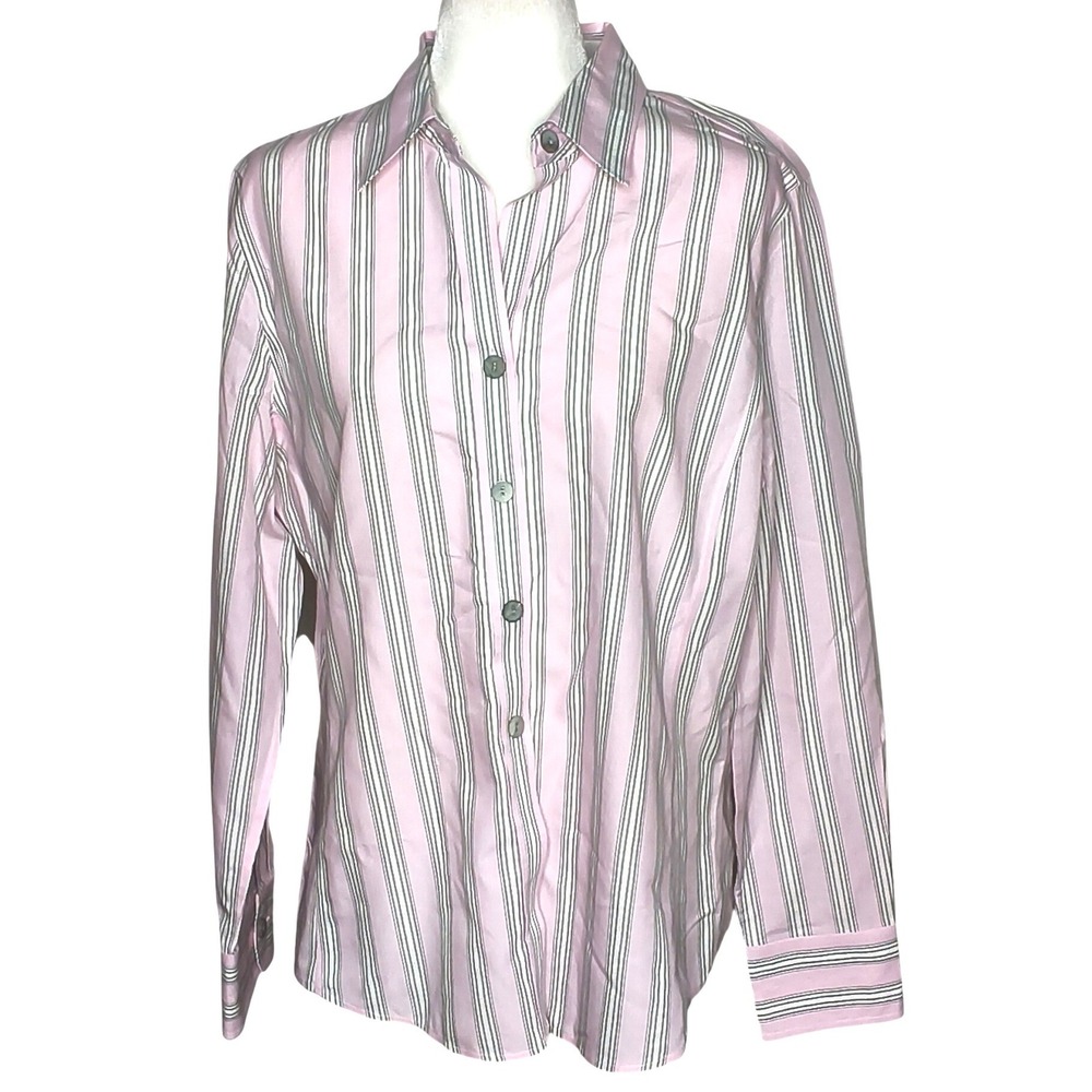 Preppy Foxcroft Button Down Shirt Women 14 Pink Striped Non-Iron Fitted Cotton